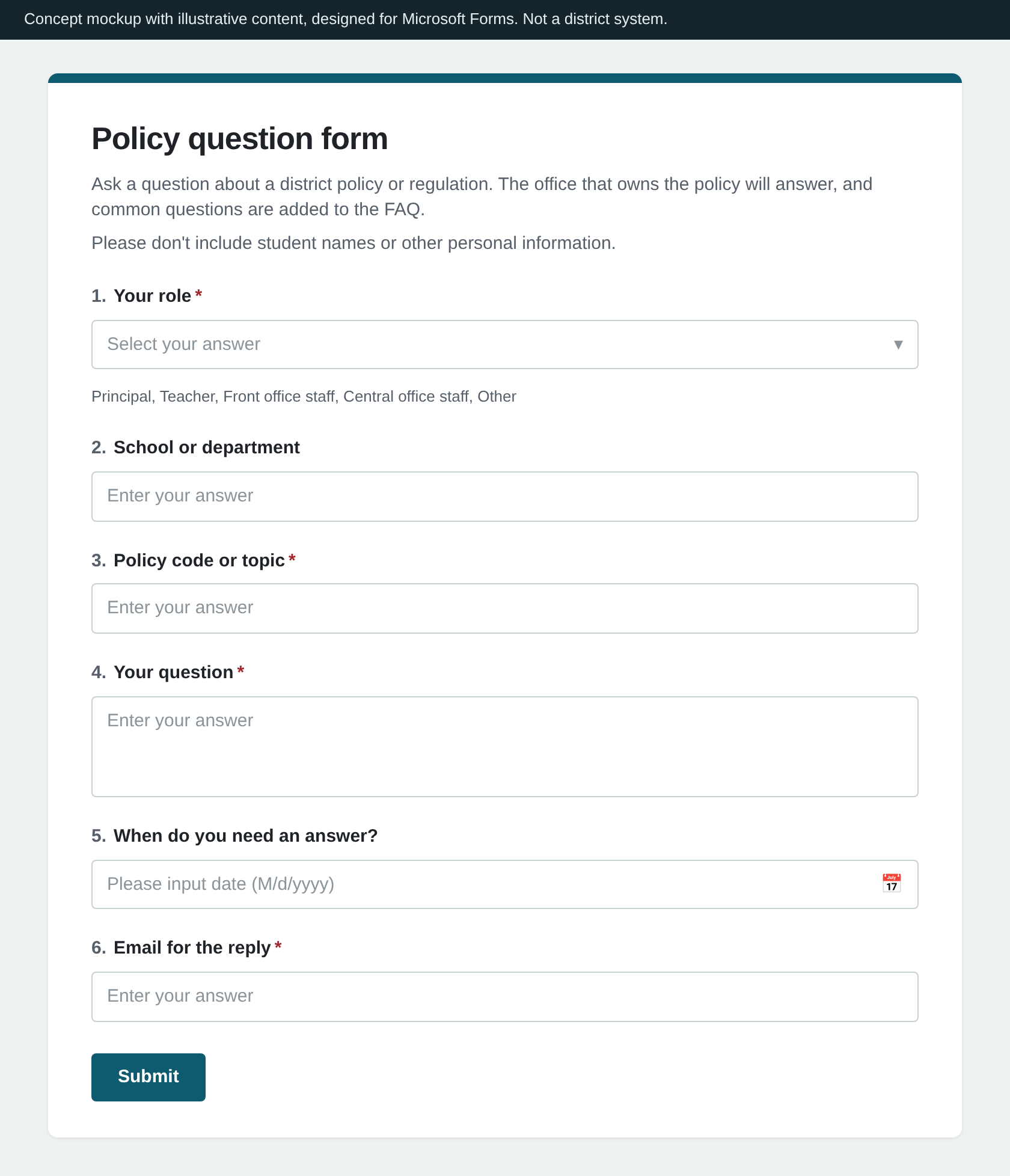 Concept mockup of the policy question form with six questions